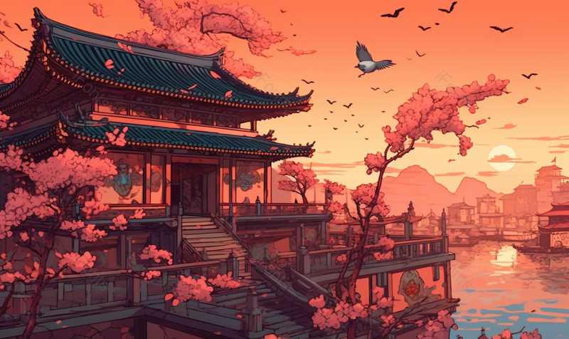 红墙银杏故宫园林建筑插画飞鸟想着太阳落日方向远去,插画/手绘图,插画/手绘图库,插画/手绘图下载,插画/手绘